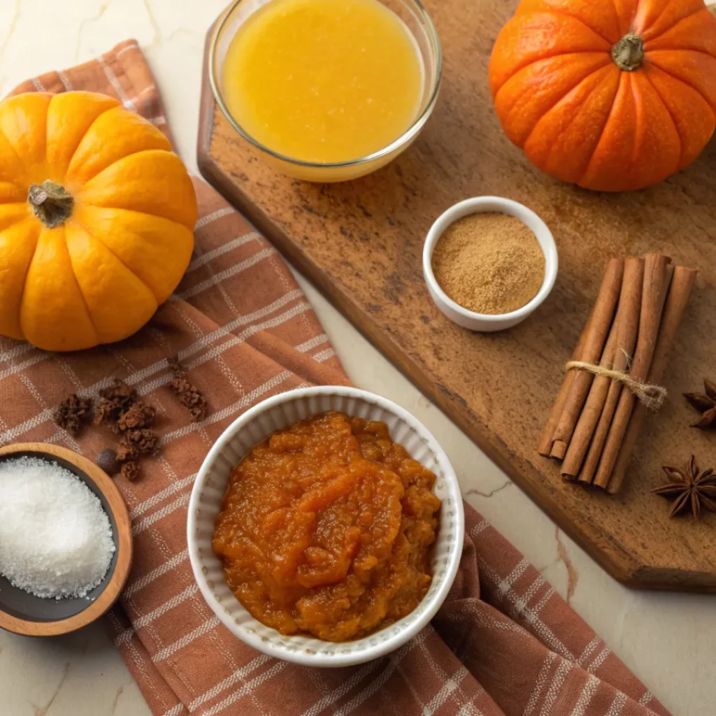 Sweet Homemade Pumpkin Jam 6 Pumpkin puree, sugar, and spices arranged for pumpkin jam