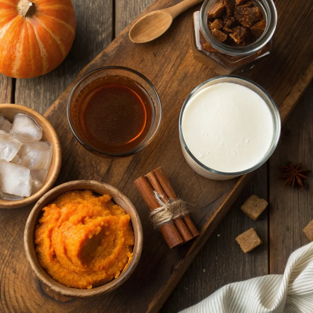 Pumpkin Pie Smoothie – Creamy, Spiced, and Perfect for Fall 6 Overhead shot of pumpkin puree, milk, yogurt, spices, and ice for smoothie