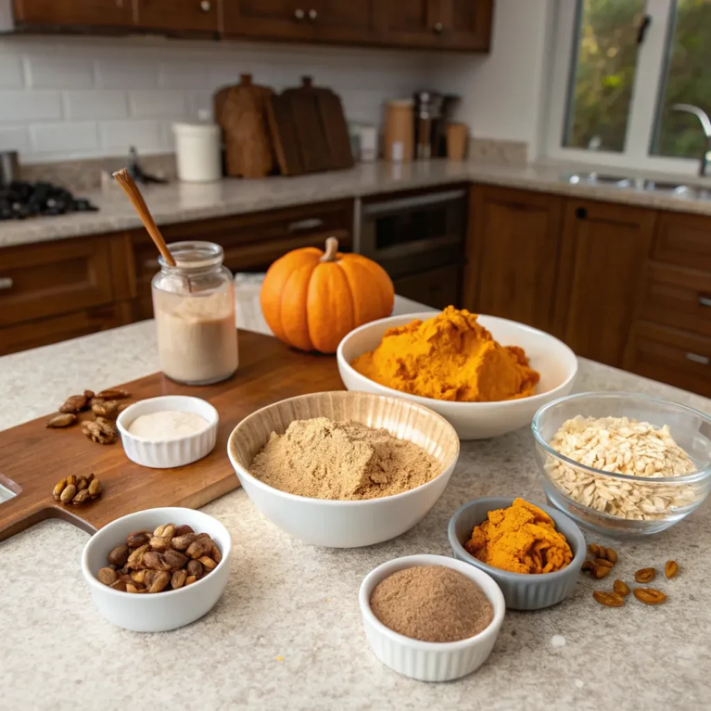 Healthy Pumpkin Protein Energy Balls 6 Pumpkin puree, oats, protein powder, and peanut butter arranged for energy balls