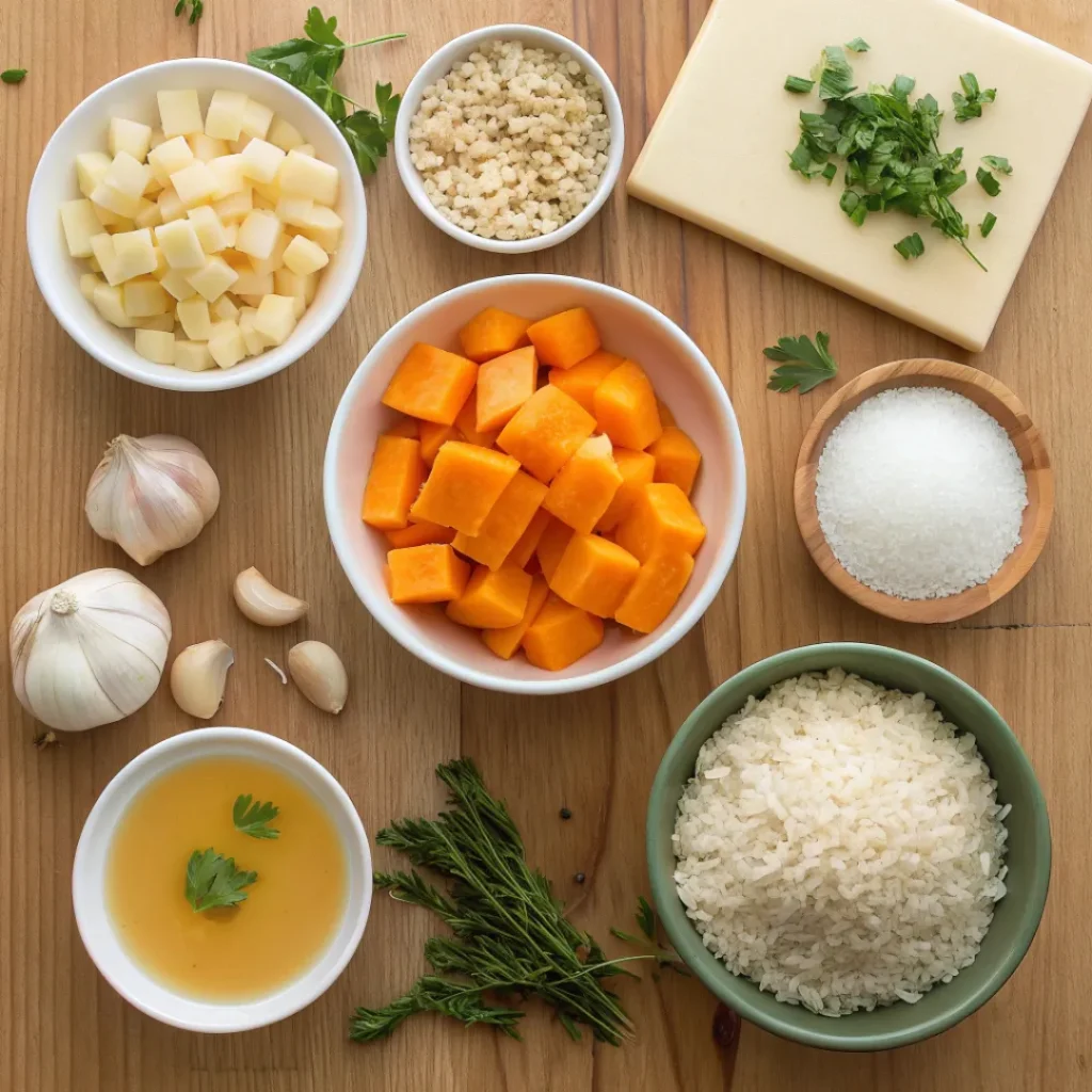 Creamy Pumpkin Risotto – Cozy Fall Dinner 6 Arborio rice, pumpkin, Parmesan, broth, butter, and herbs on a wooden table
