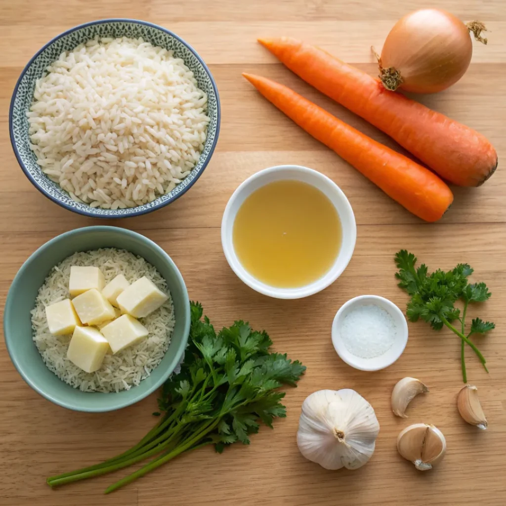 Rice Pilaf – Fluffy, Flavorful, and Easy to Make 6 Overhead view of rice, vegetables, broth, and butter for pilaf