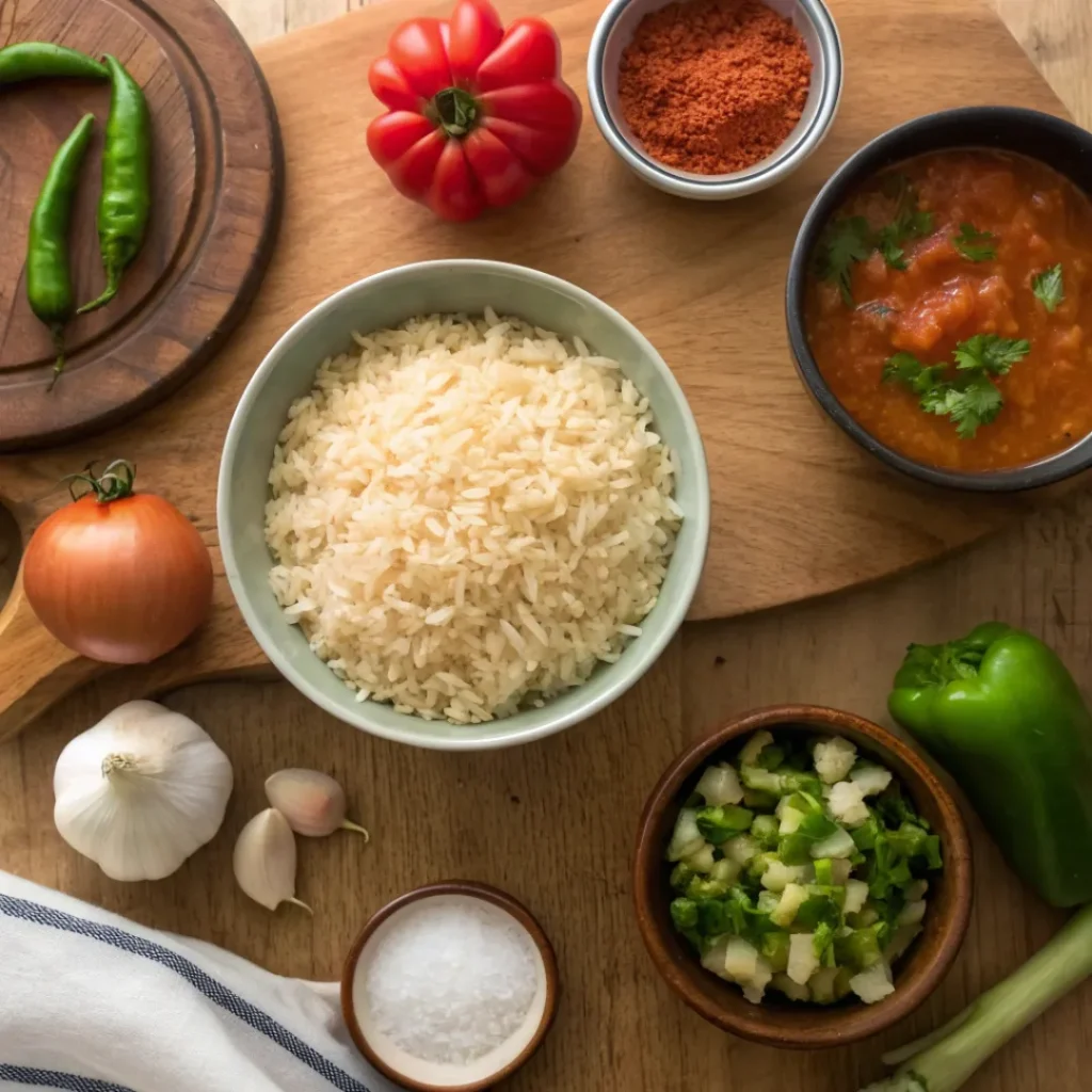 Rotel Mexican Rice – Quick, Flavorful, and Perfectly Spiced 6 Rice, Rotel tomatoes, onion, garlic, and broth arranged for cooking