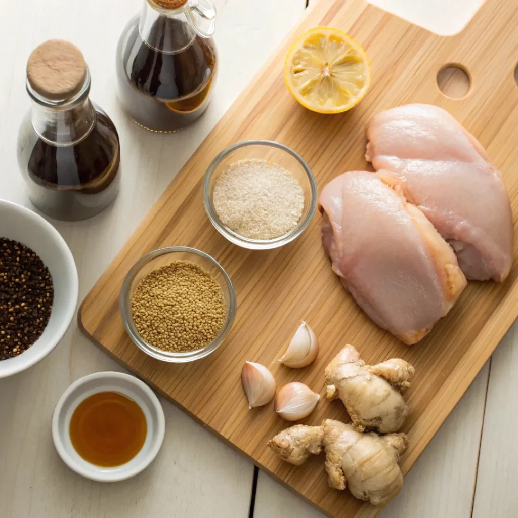 Crockpot Teriyaki Chicken – Easy Slow Cooker Favorite 6 Overhead shot of chicken, soy sauce, garlic, and seasonings for teriyaki chicken