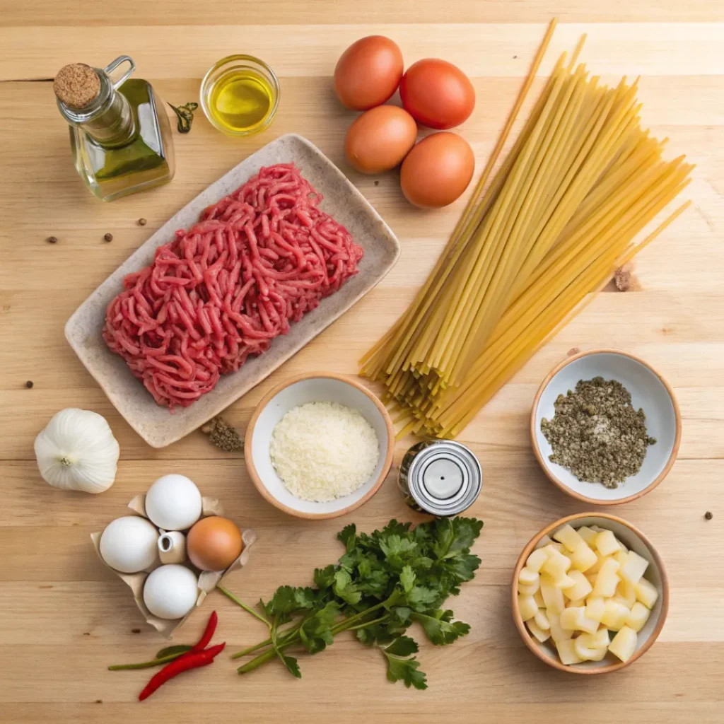 Classic Spaghetti and Meatballs – Italian Dinner Favorite 6 Ground beef, pasta, tomatoes, Parmesan, and herbs displayed on a table.