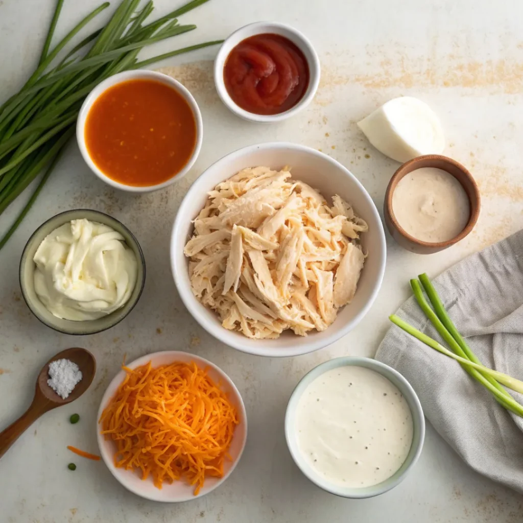 Buffalo Chicken Dip – Cheesy & Spicy Snack 6 Overhead shot of chicken, cheeses, hot sauce, and ranch dressing for buffalo chicken dip