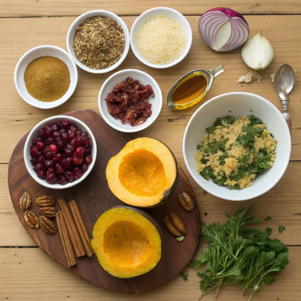 Stuffed Acorn Squash – Healthy & Delicious Fall Dinner 6 Acorn squash, quinoa, cranberries, pecans, and spices for stuffing