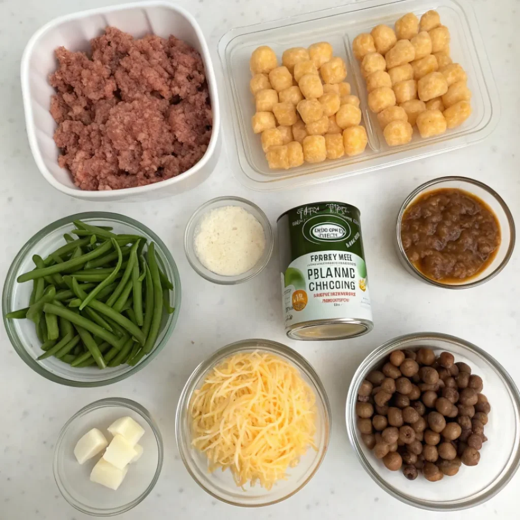 Tater Tot Casserole – Comfort Food Classic 6 Frozen tater tots, ground beef, onion, cheese, and soup displayed on a table.