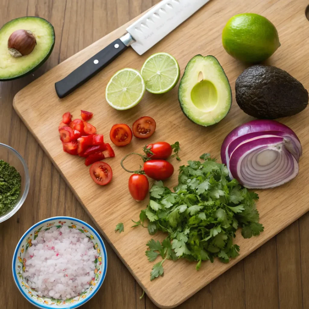 Easy Guacamole Recipe – Fresh & Flavorful Mexican Dip 6 Overhead view of avocados, limes, onion, tomatoes, and cilantro for guacamole