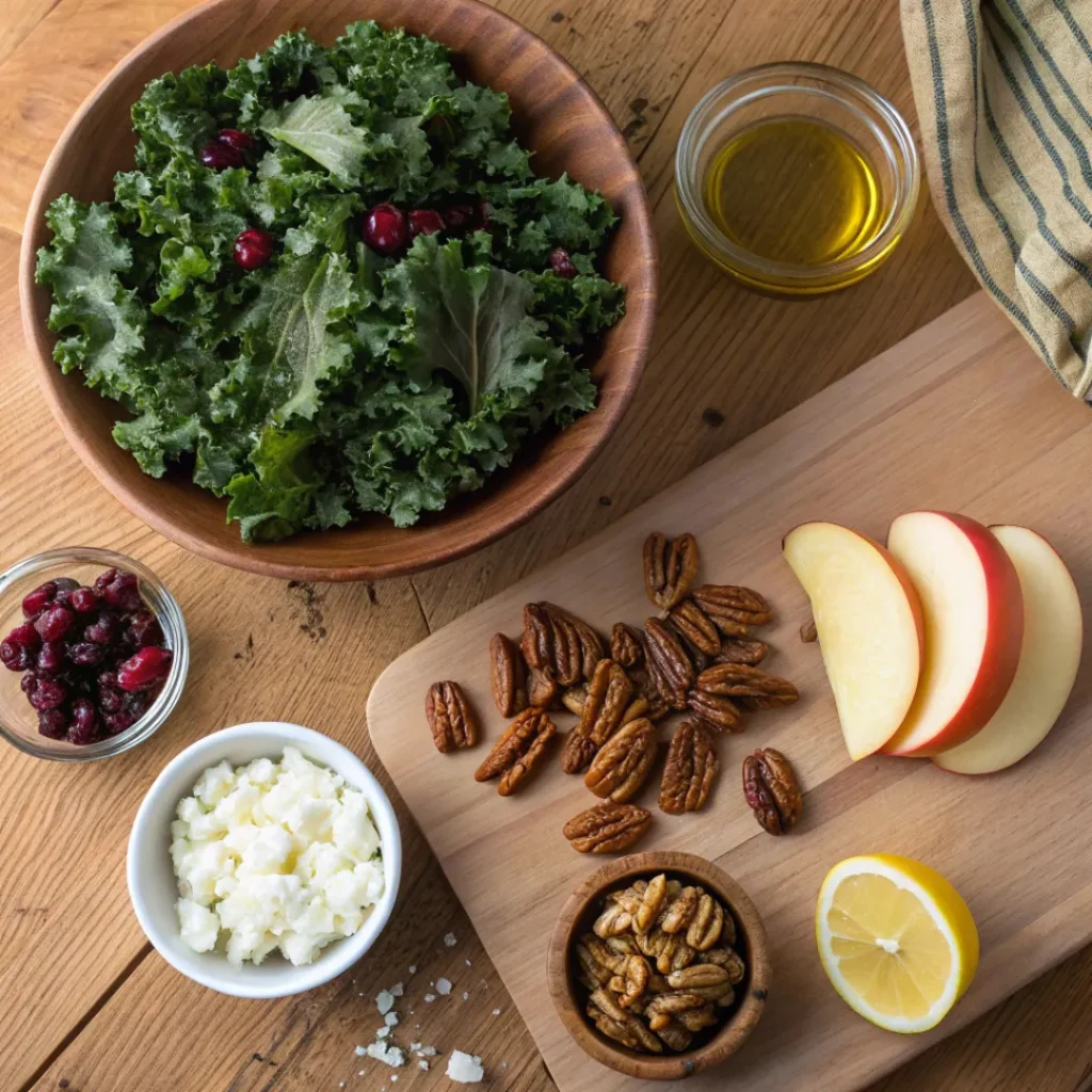 Fresh ingredients for kale apple and pecans salad including kale, apples, pecans, and cranberries