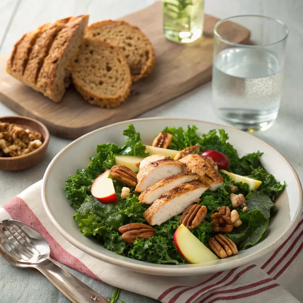 Kale apple and pecans salad served with grilled chicken and bread
