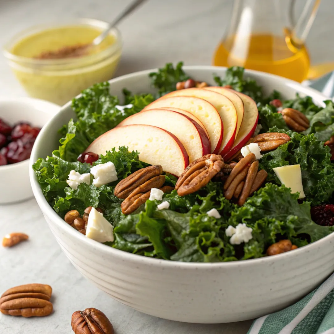 Bowl of kale apple and pecans salad with cranberries and feta