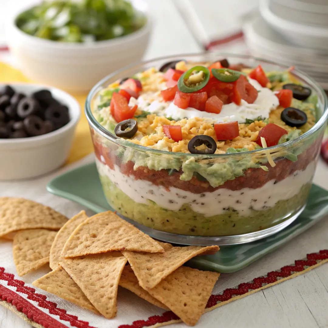 Seven Layer Dip – Colorful & Flavorful Appetizer 5 Seven layer dip in a glass dish with chips on the side