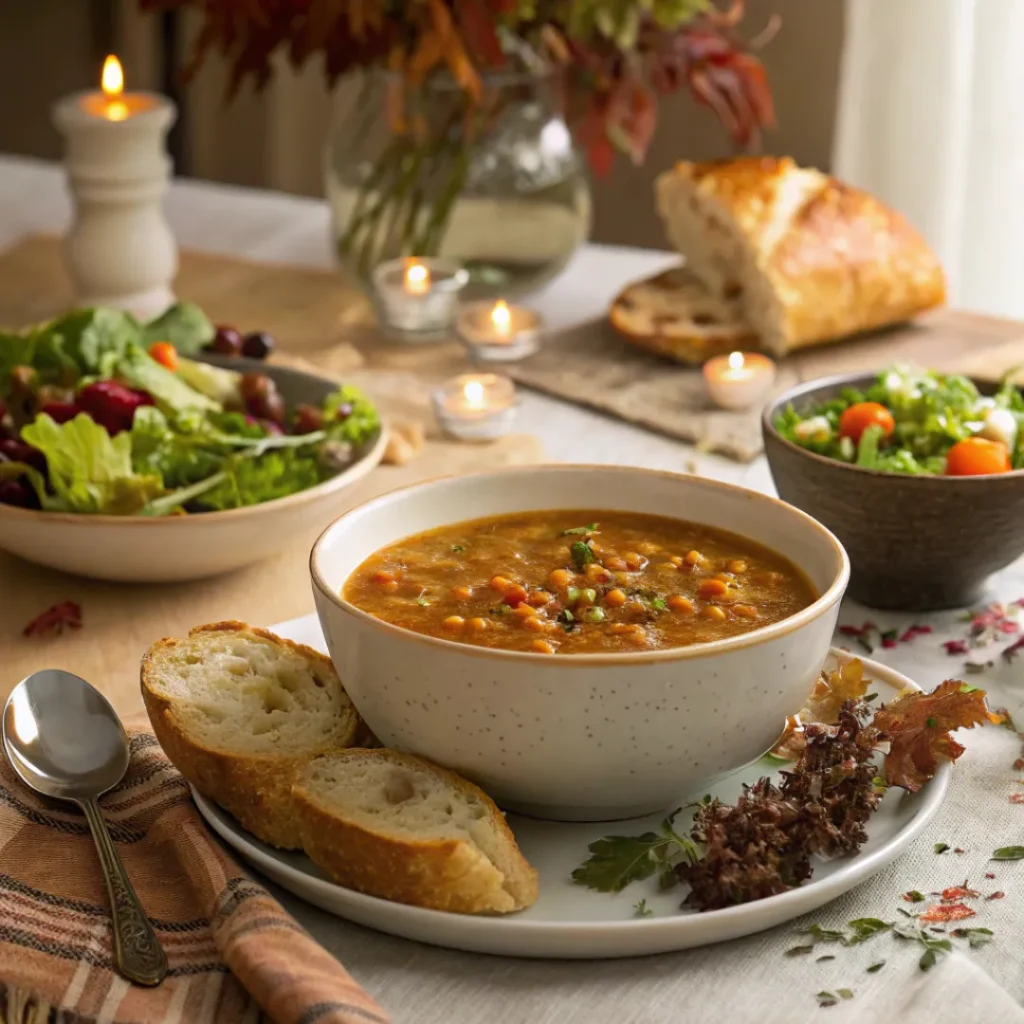 Classic Lentil Soup – Wholesome & Easy to Make 8 Bowl of lentil soup served with crusty bread and a side salad