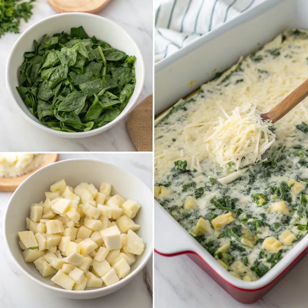 Easy Spinach Artichoke Dip – Perfect Appetizer 7 Collage of spinach artichoke dip preparation from mixing to baking