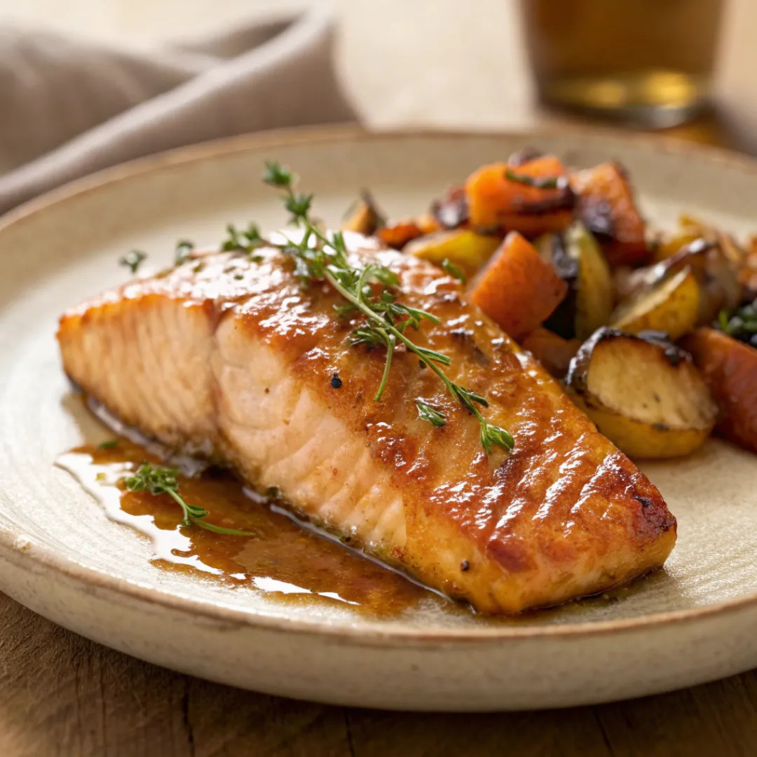 Maple Glazed Salmon – Sweet, Savory, and Perfectly Tender 5 Maple glazed salmon fillets with roasted vegetables