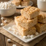 Marshmallow Rice Krispies – Crispy, Sweet, and Irresistible 9 Golden marshmallow rice krispies treats stacked on a plate