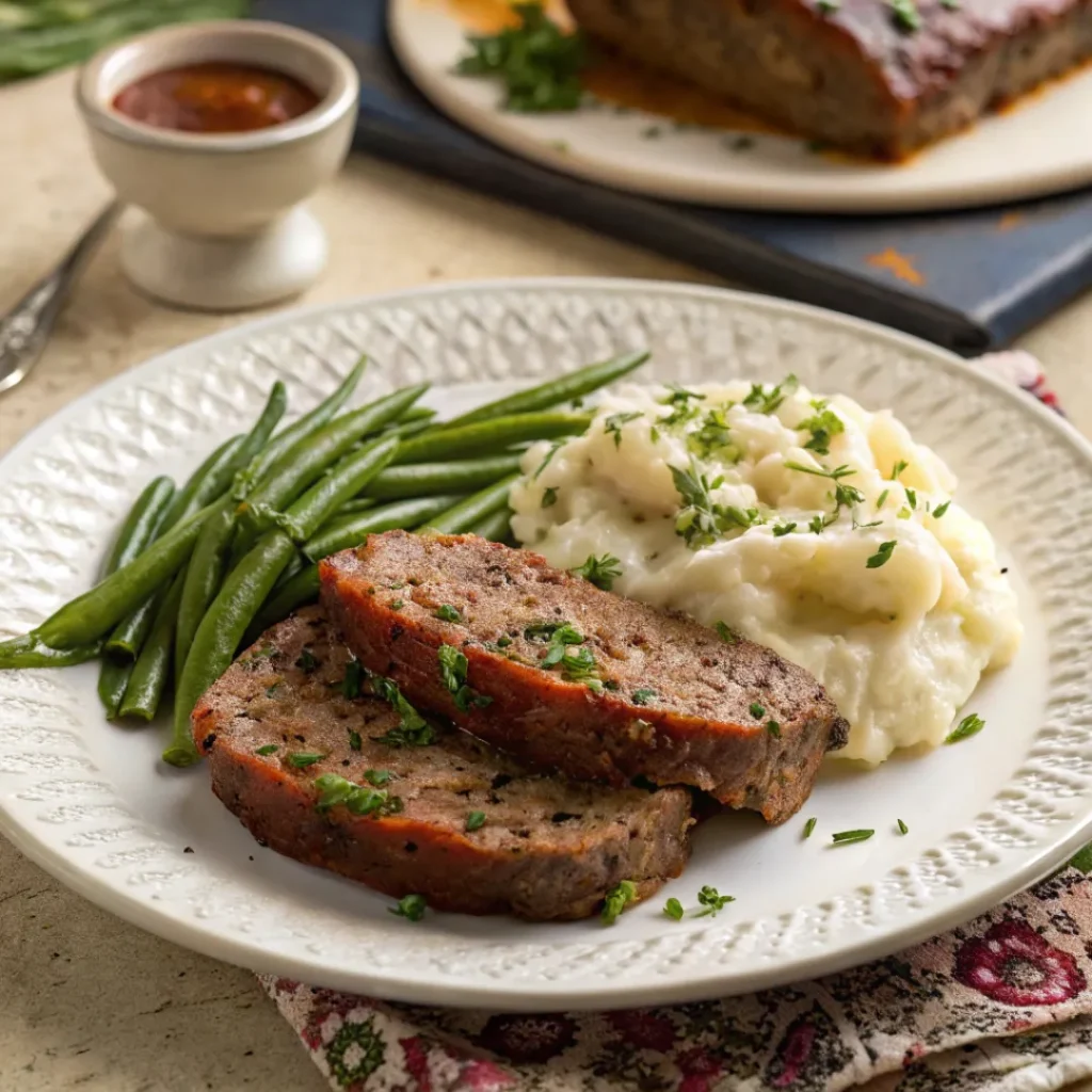 Quick and Easy Meatloaf Recipe – Family Favorite 8 Meatloaf slices served with mashed potatoes and green beans.