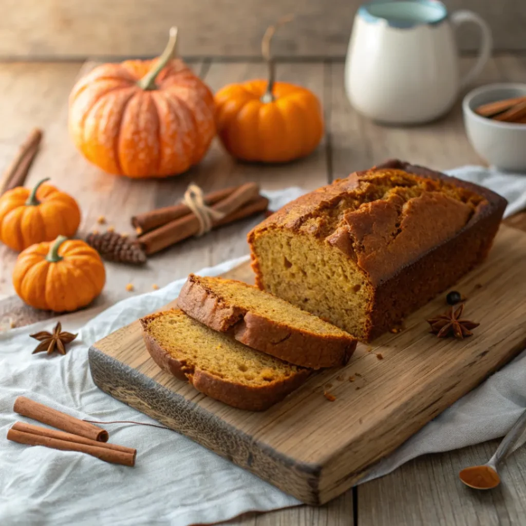 Sliced almond flour pumpkin bread on a wooden cutting board