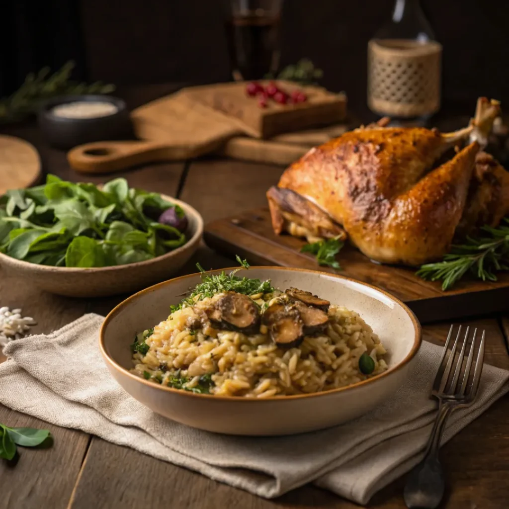 Mushroom Risotto – Creamy Italian Comfort Food 8 Mushroom risotto served with roasted chicken and salad