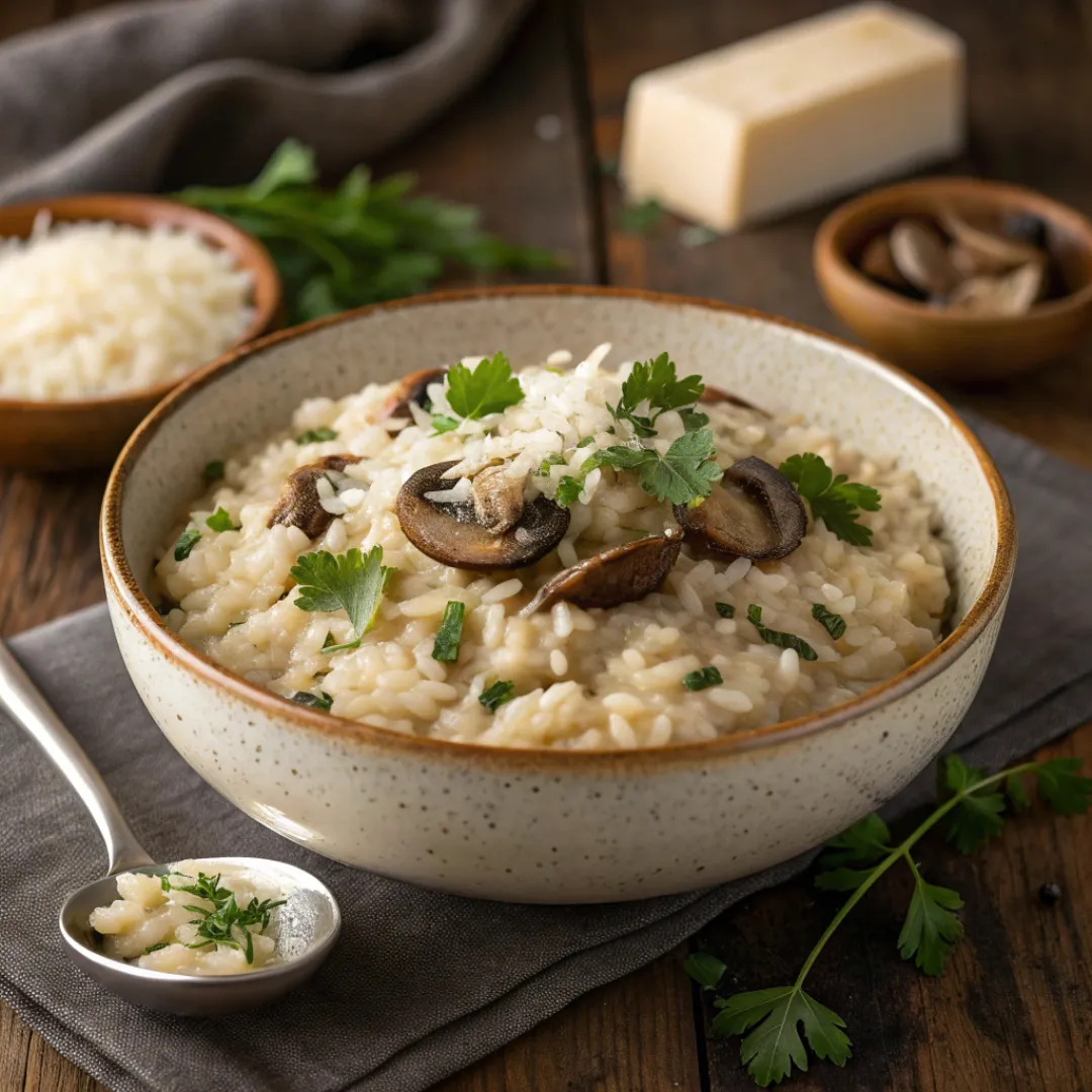 Mushroom Risotto – Creamy Italian Comfort Food 5 Bowl of creamy mushroom risotto topped with Parmesan and parsley