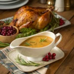 Gravy boat filled with smooth golden turkey gravy