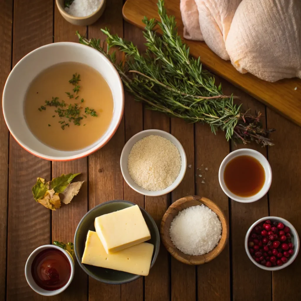 Ingredients for no-drip turkey gravy including broth, butter, flour, and herbs