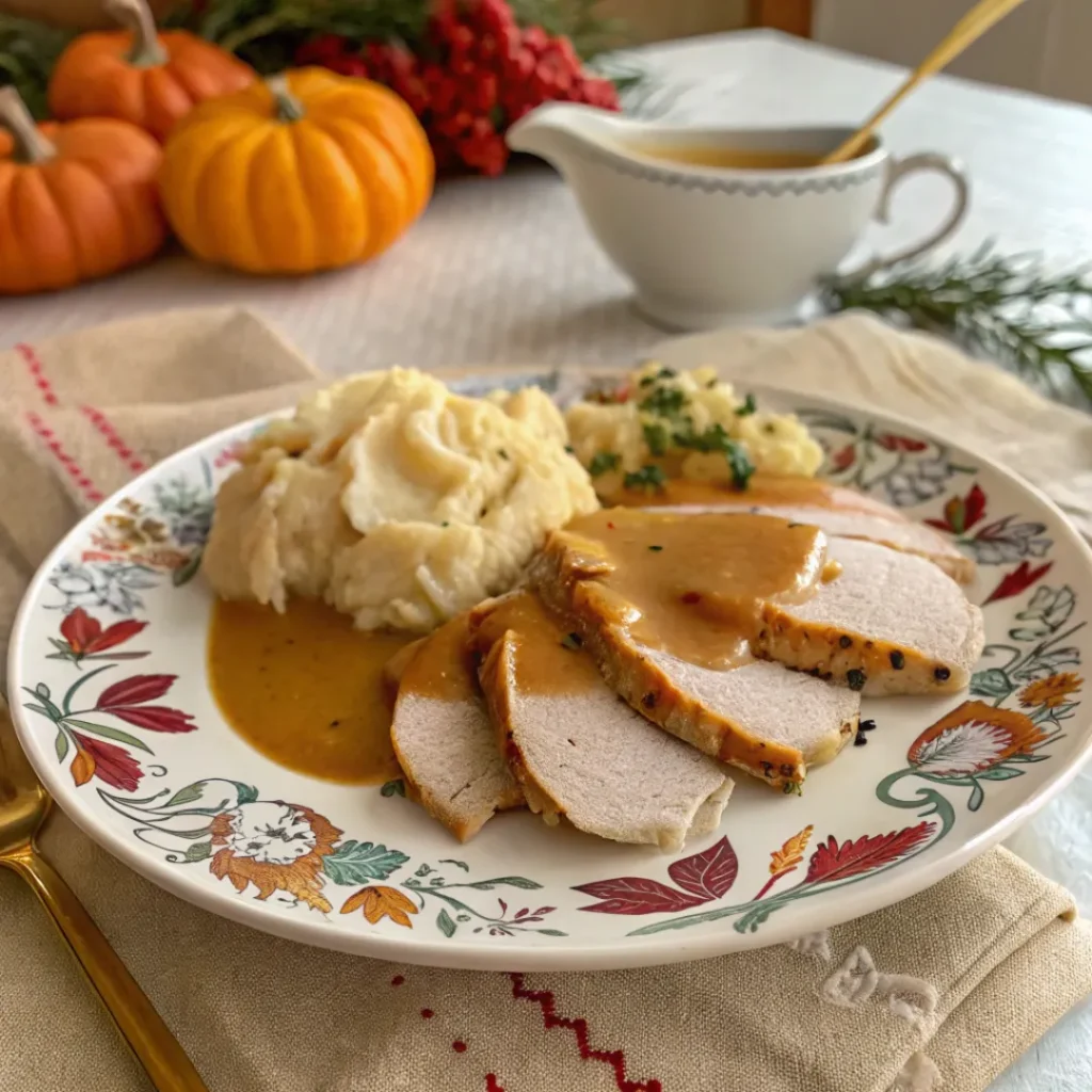 Turkey gravy poured over mashed potatoes and roasted turkey slices