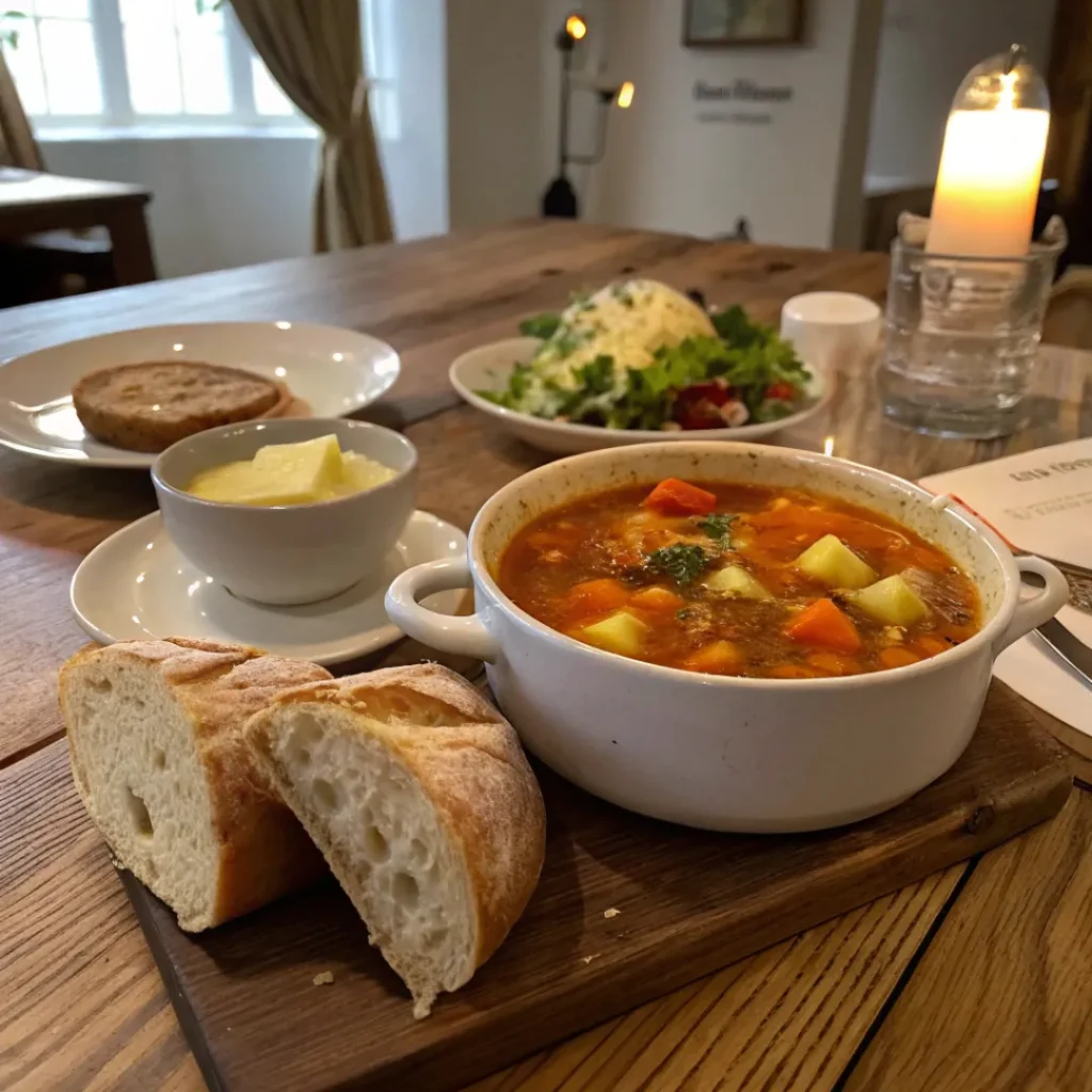 One-Pot Vegetable Soup – Easy & Nutritious Dinner 8 One-Pot Vegetable soup served with bread and salad on a rustic table