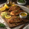 Golden pecan-crusted baked chicken breasts garnished with herbs