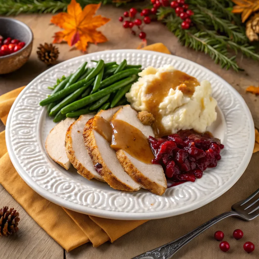 Oven Roasted Turkey Breast – Juicy & Flavorful Dinner 8 Roasted turkey breast slices served with mashed potatoes, green beans, and cranberry sauce.