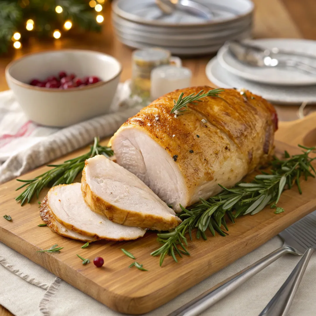 Oven Roasted Turkey Breast – Juicy & Flavorful Dinner 5 Juicy oven-roasted turkey breast sliced and garnished with fresh herbs.