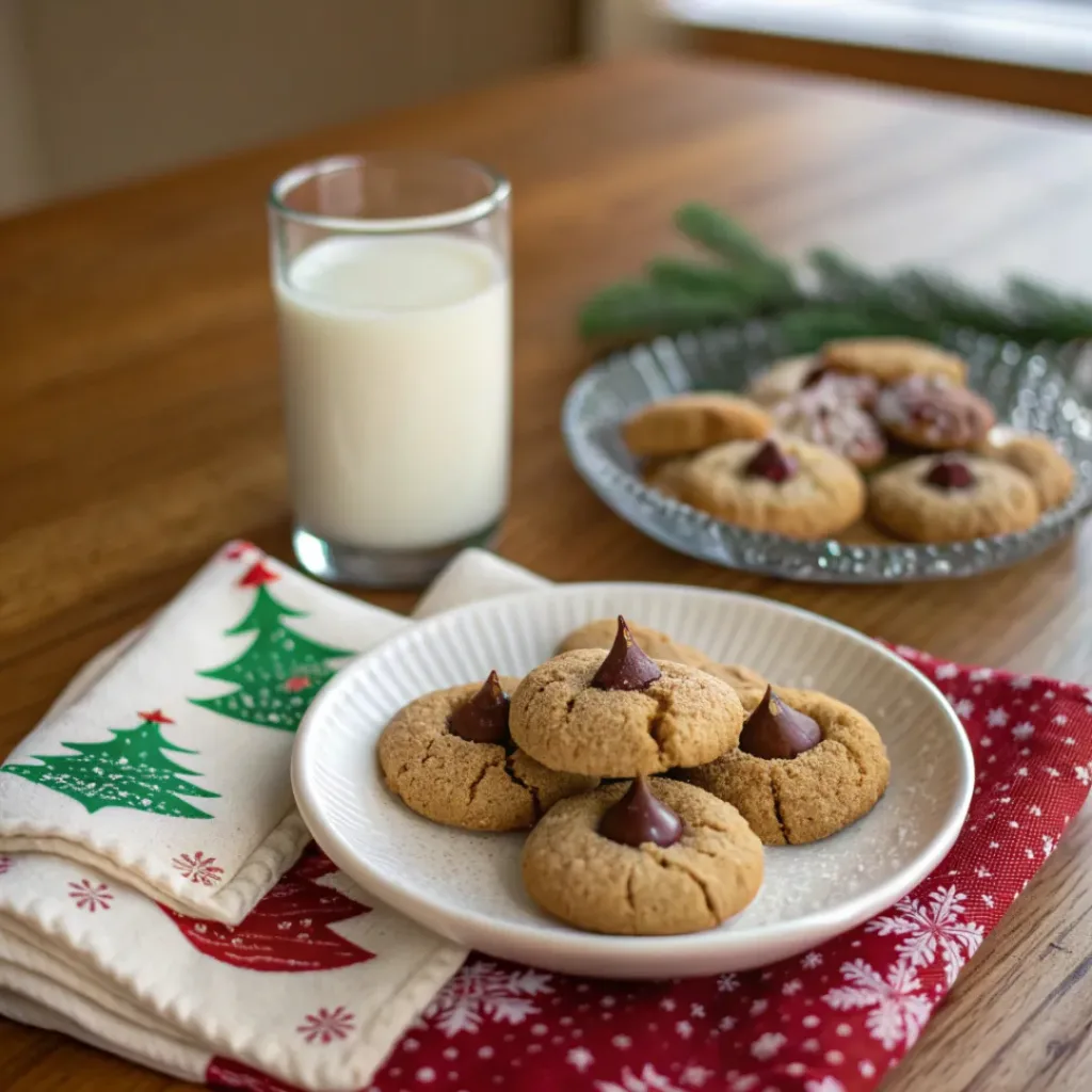Peanut Butter Blossom Cookies – Soft, Sweet, and Perfectly Chewy 8 Peanut butter blossom cookies served with milk