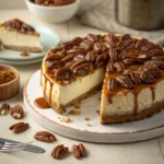 Pecan pie cheesecake topped with caramelized pecans and caramel drizzle