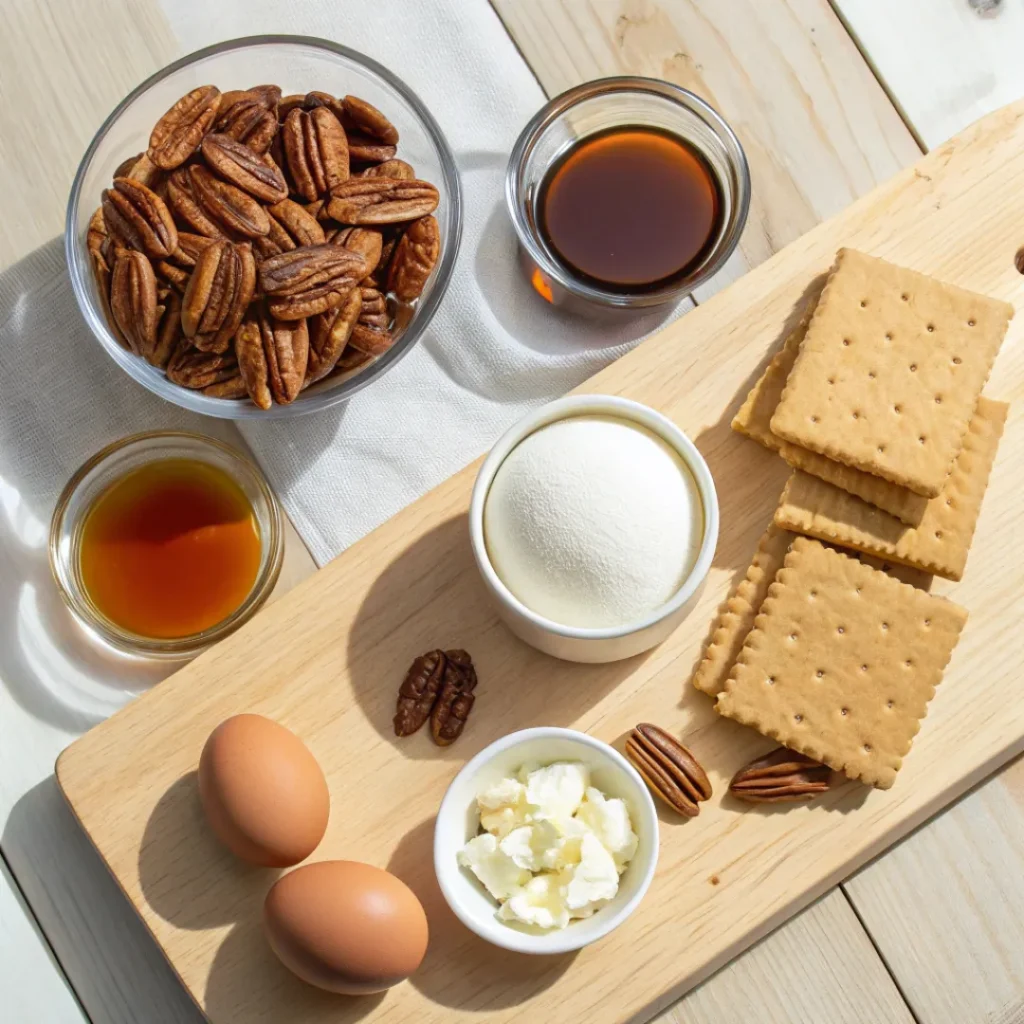Ingredients for pecan pie cheesecake including cream cheese, pecans, and graham crackers