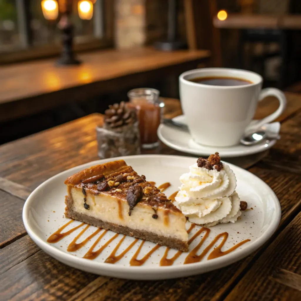 Slice of pecan pie cheesecake served with caramel drizzle and coffee