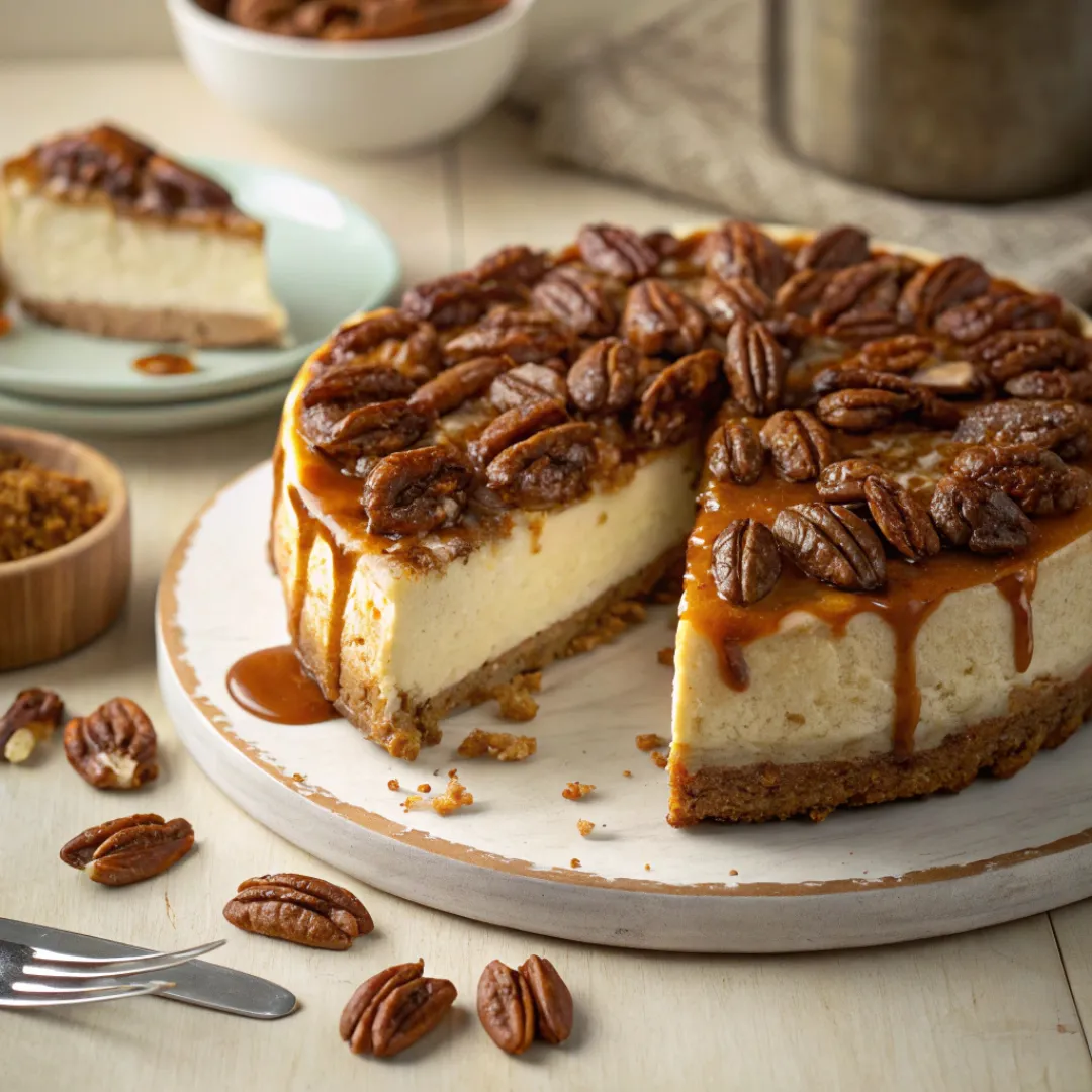 Pecan pie cheesecake topped with caramelized pecans and caramel drizzle