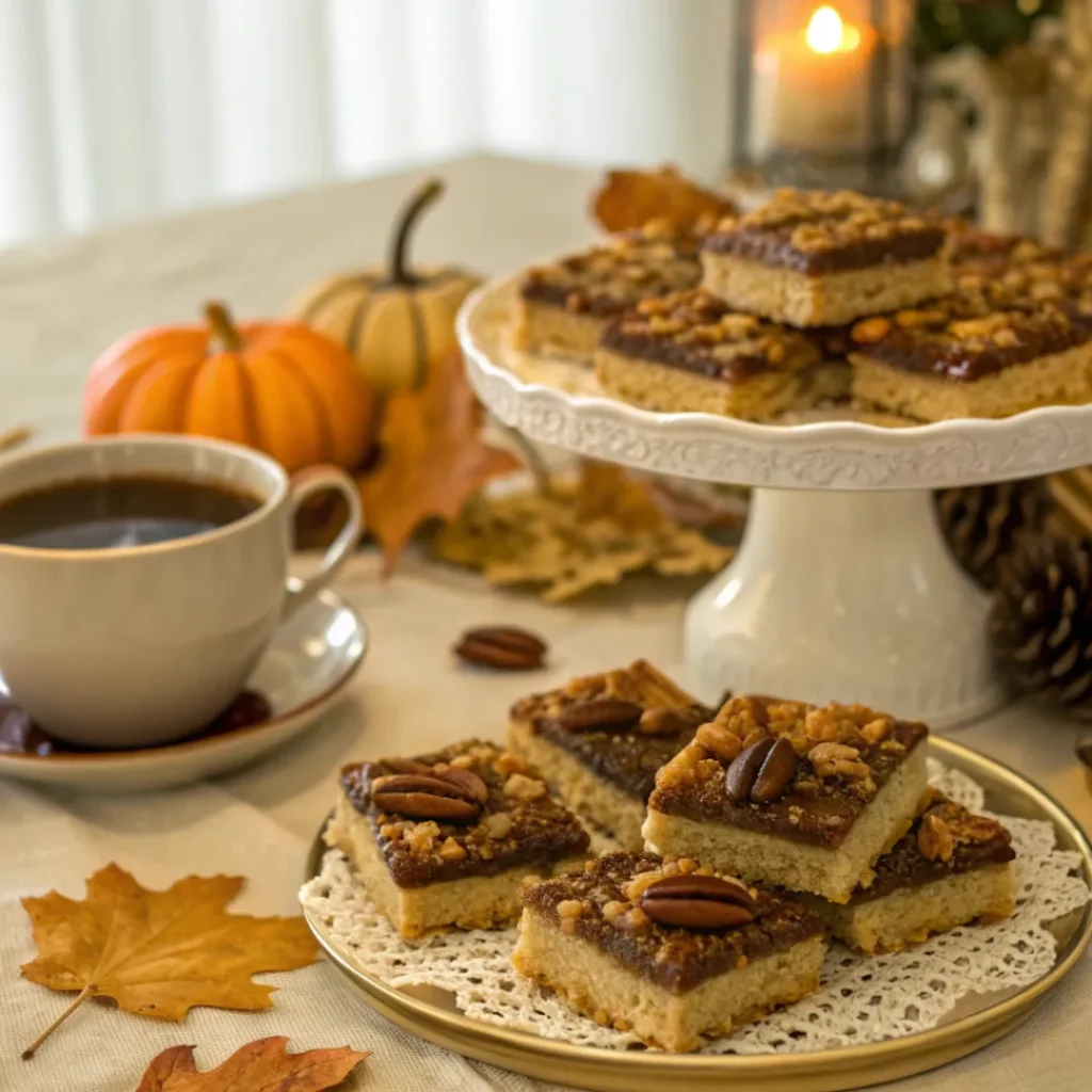 Pecan Shortbread Bars – Buttery, Nutty & Irresistible 8 Pecan shortbread bars served with coffee on a rustic table