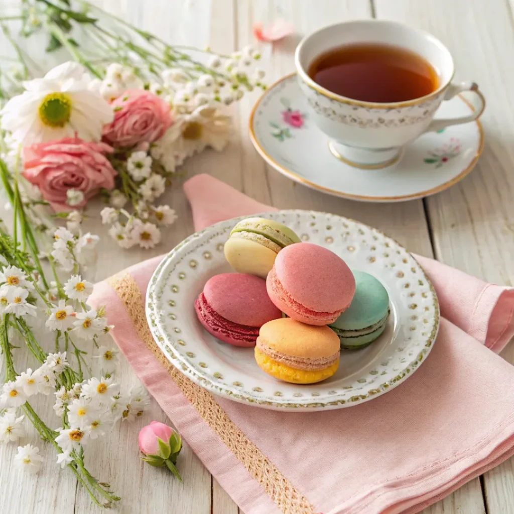 Homemade Macarons - Perfectly Light and Crispy French Treats 8 Colorful macarons served with tea on a wooden table, styled elegantly