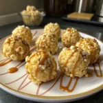 A close-up of a plate of caramel-drizzled rice krispie balls, with a bowl of more in the blurred background. The balls are coated in a white and crunchy topping, possibly puffed rice or popcorn.