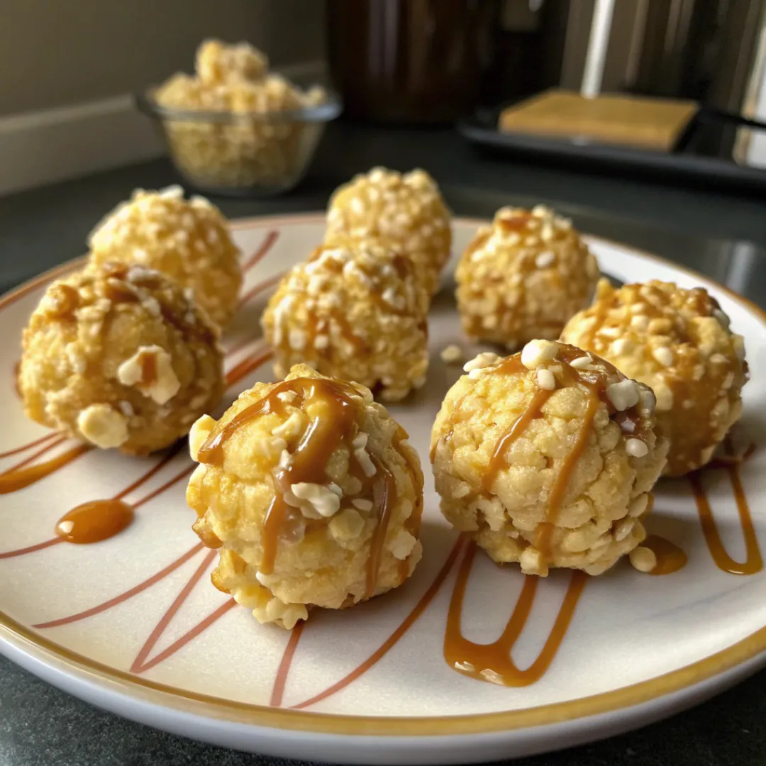 A close-up of a plate of caramel-drizzled rice krispie balls, with a bowl of more in the blurred background. The balls are coated in a white and crunchy topping, possibly puffed rice or popcorn.