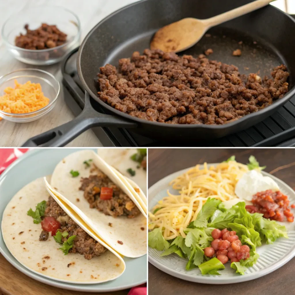 Flavorful Beef Tacos – Quick, Easy & Delicious Recipe 7 Collage showing the cooking and assembling process of beef tacos