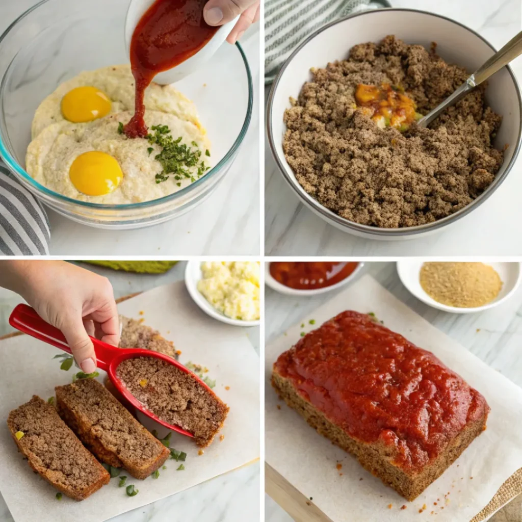 Quick and Easy Meatloaf Recipe – Family Favorite 7 Step-by-step process of making homemade meatloaf.