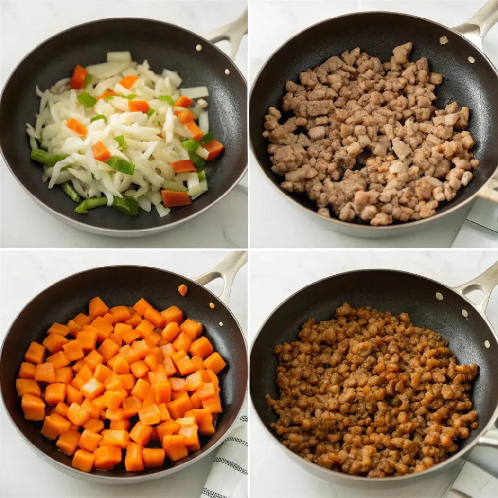 Ground Turkey and Sweet Potato Skillet – Healthy One-Pan Meal 7 Step-by-step cooking process of browning ground turkey, sautéing vegetables, and adding sweet potatoes in a skillet.