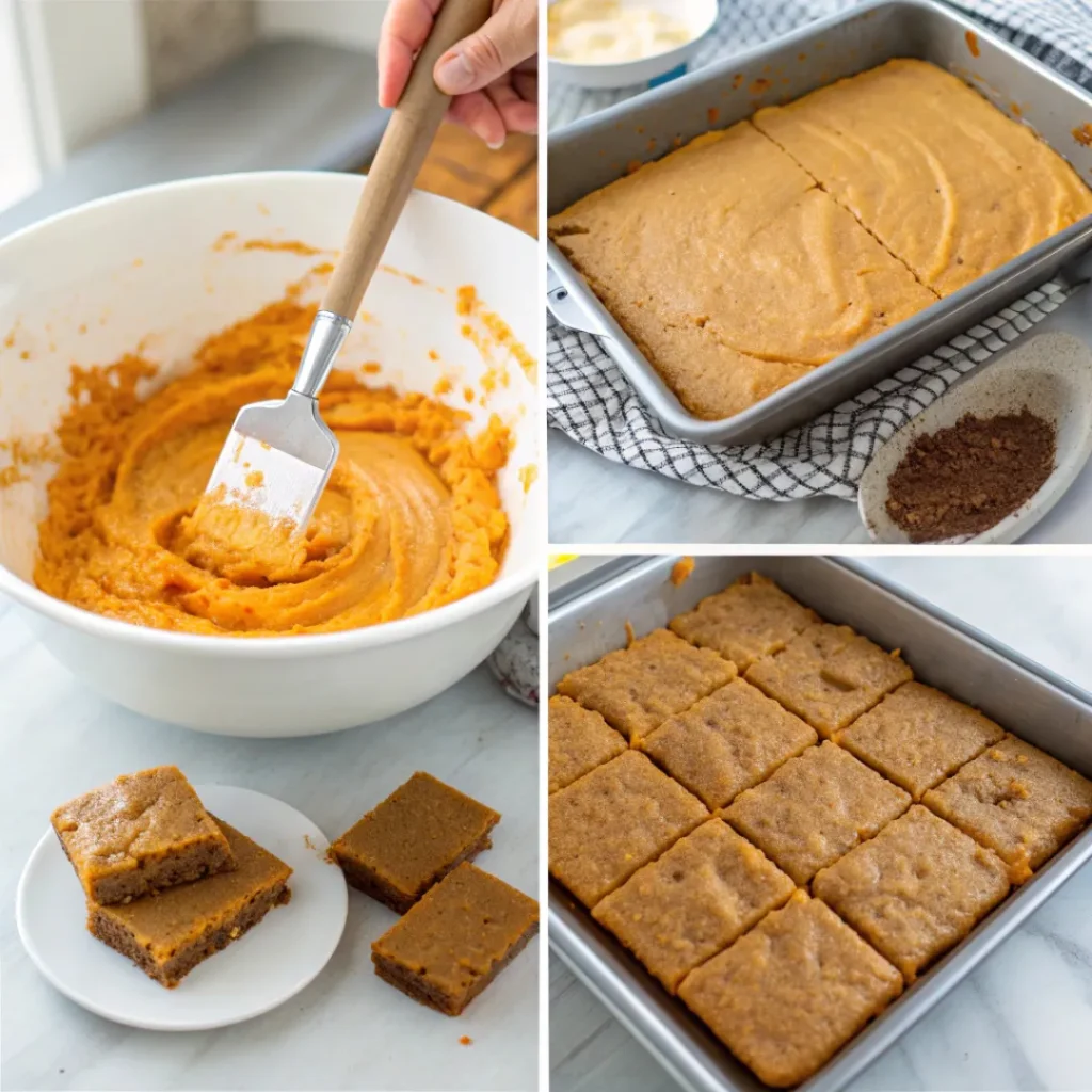 Easy Pumpkin Bars – Soft, Moist & Flavorful Dessert 7 Step-by-step process of mixing, baking, and frosting pumpkin bars.