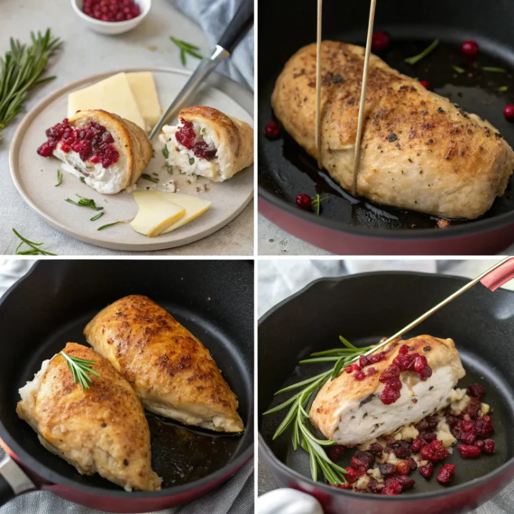 Stuffed Chicken Breast with Cranberries and Goat Cheese 7 Step-by-step process of stuffing and rolling chicken breasts with cranberry and goat cheese filling