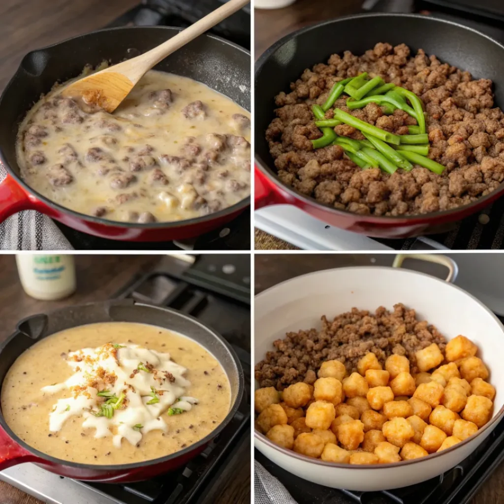 Tater Tot Casserole – Comfort Food Classic 7 Step-by-step process of assembling and baking a tater tot casserole.