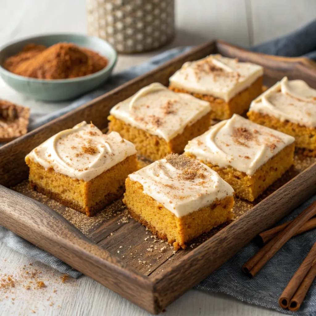 Pumpkin bars topped with cream cheese frosting cut into squares.