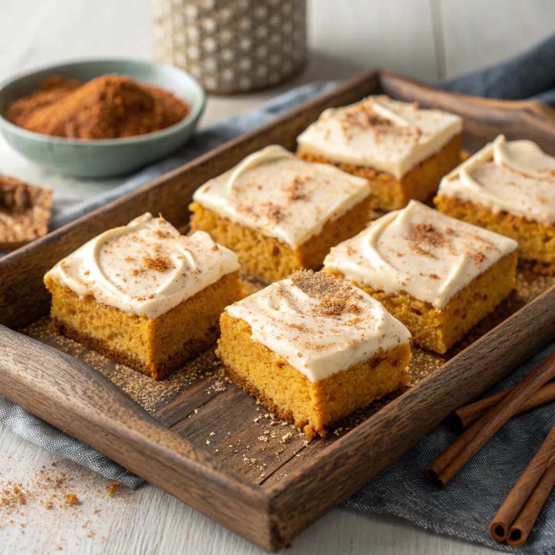 Easy Pumpkin Bars – Soft, Moist & Flavorful Dessert 5 Pumpkin bars topped with cream cheese frosting cut into squares.