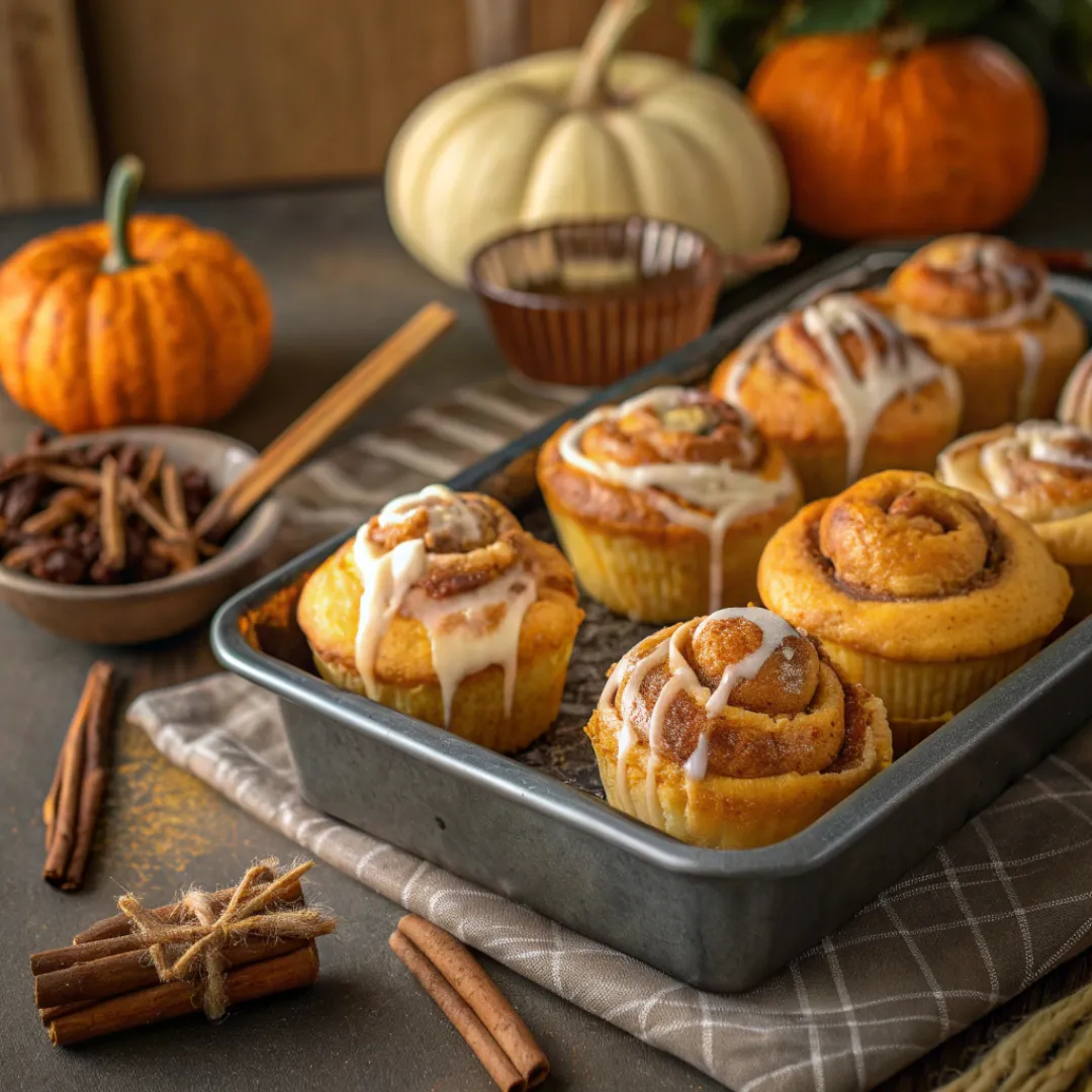 Pumpkin cinnamon roll muffins drizzled with cream cheese glaze on a rustic tray