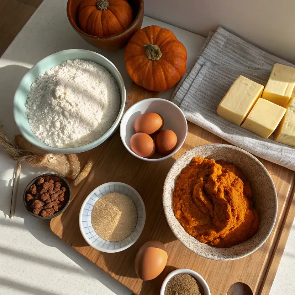 Pumpkin Coffee Cake – A Perfect Fall Breakfast Treat 6 Ingredients for pumpkin coffee cake including pumpkin puree, flour, sugar, butter, and spices